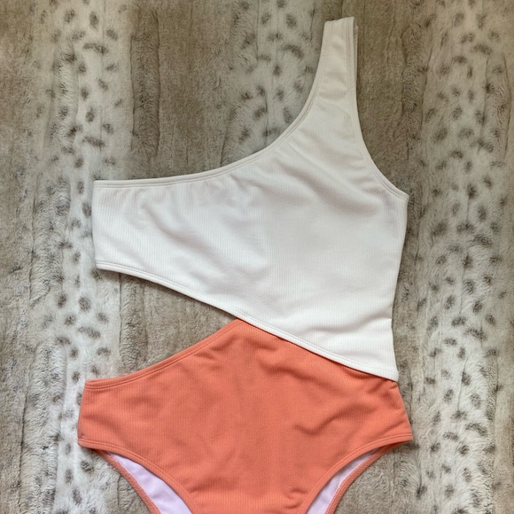 Coral and White One Piece Bikini - Picture 2 of 4